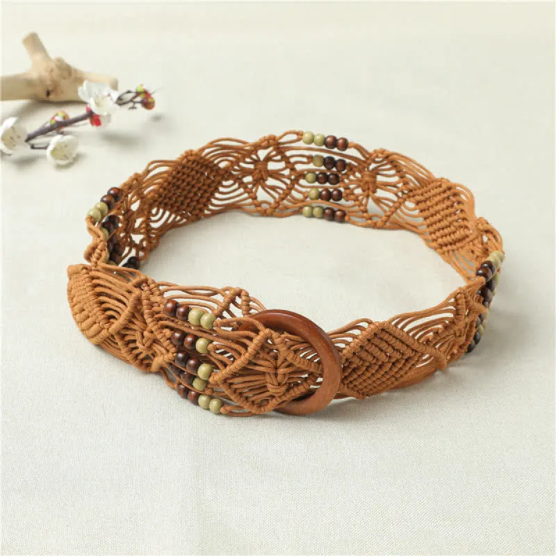 Women's Retro Braided Decorative Beads Wooden Buckle Belt sold by FloralTrip