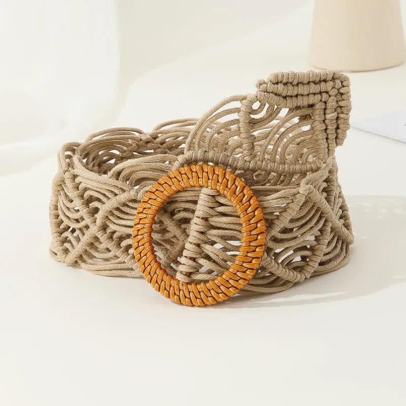Women's Khaki Boho Braided Wooden Buckle Belt sold by FloralTrip