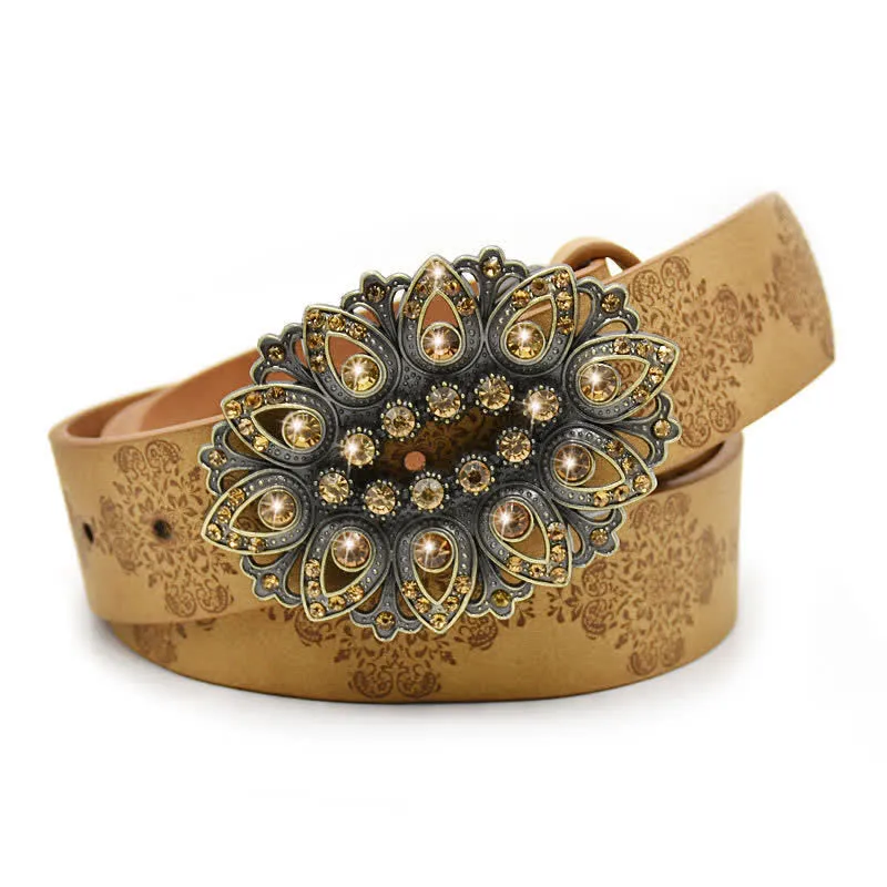 Women's Artificial Crystal Hollow Flower Buckle Leather Belt sold by FloralTrip