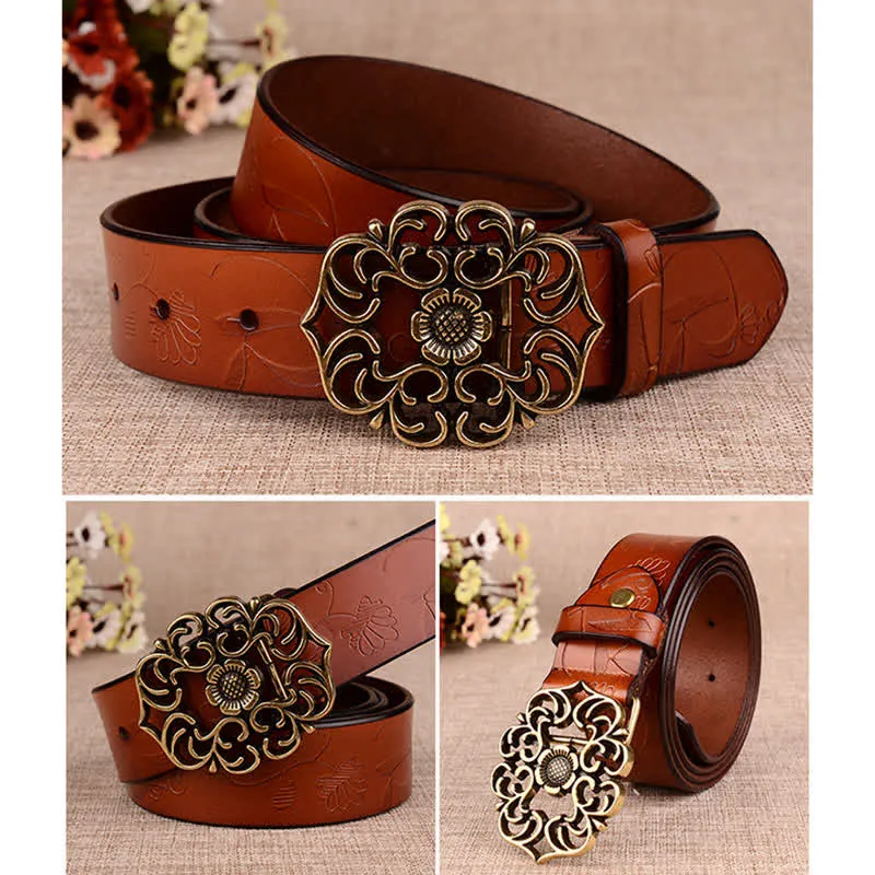 Women's Hollow Sunflower Retro Embossed Leather Belt sold by FloralTrip product image thumbnail 4