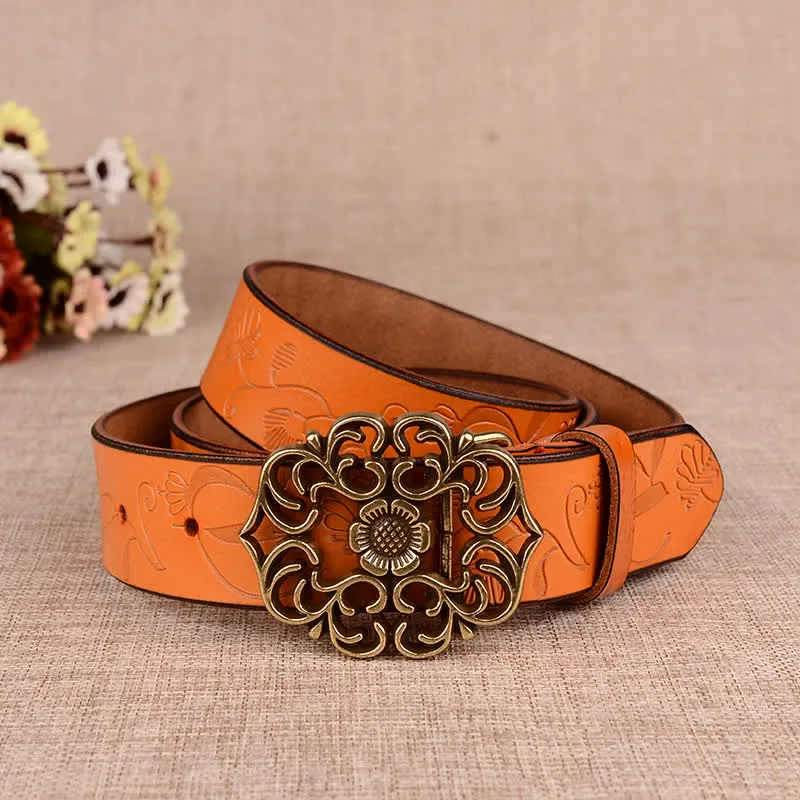 Women's Hollow Sunflower Retro Embossed Leather Belt sold by FloralTrip