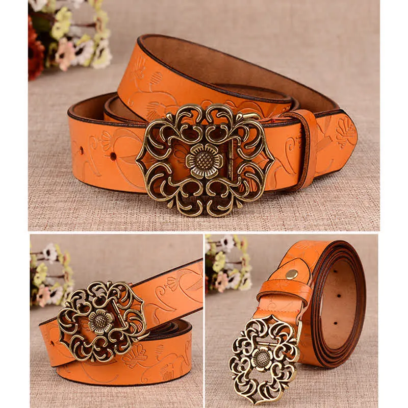 Women's Hollow Sunflower Retro Embossed Leather Belt sold by FloralTrip product image thumbnail 2