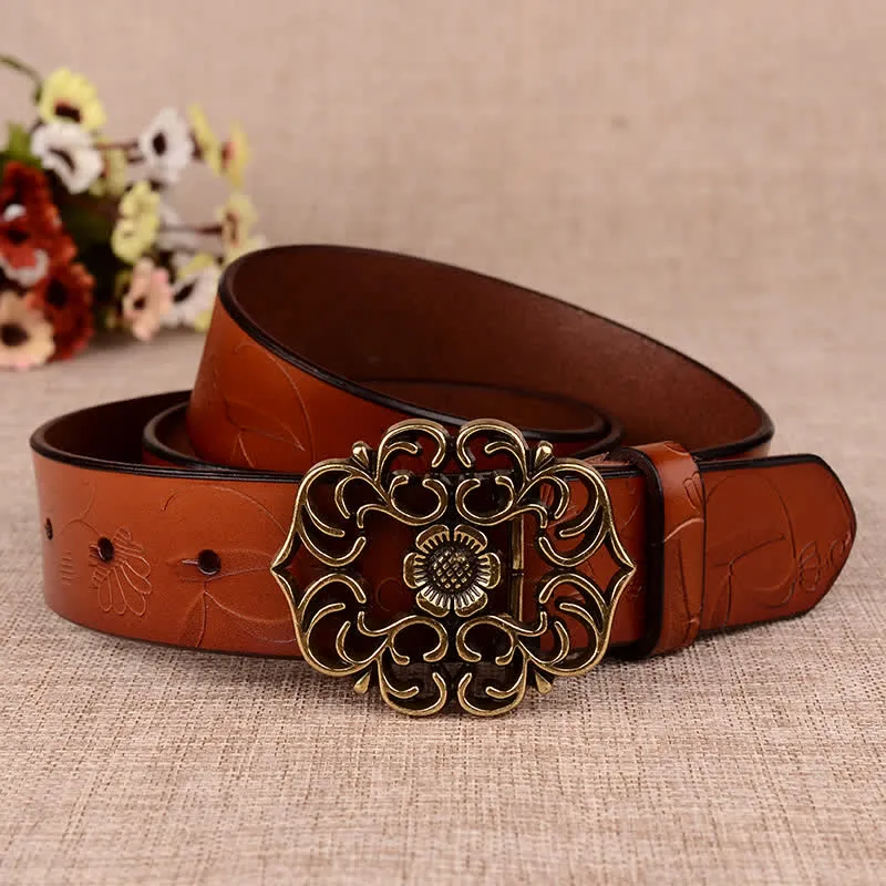 Women's Hollow Sunflower Retro Embossed Leather Belt sold by FloralTrip product image thumbnail 3