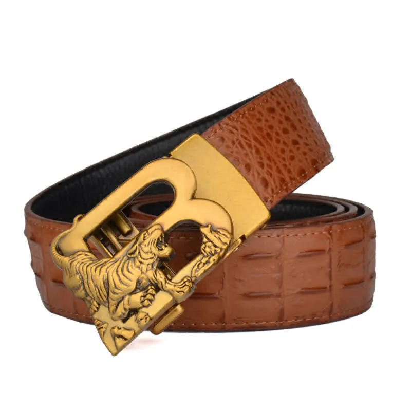 Mne's Tiger B-Shaped Crocodile Print Automatic Leather Belt sold by FloralTrip