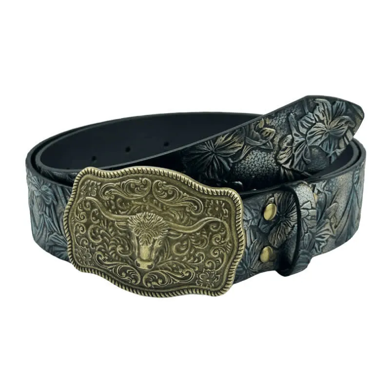 Boho Style Cow Head Western Embossed Leather Belt sold by FloralTrip