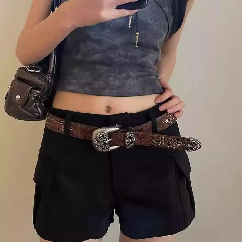 Women's Brown Arrow Shape Rivets Studded Leather Belt sold by FloralTrip product image thumbnail 2