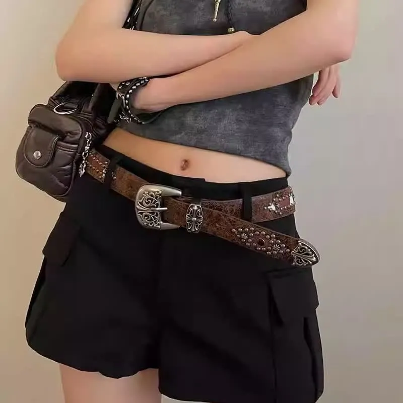 Women's Brown Arrow Shape Rivets Studded Leather Belt sold by FloralTrip product image thumbnail 3
