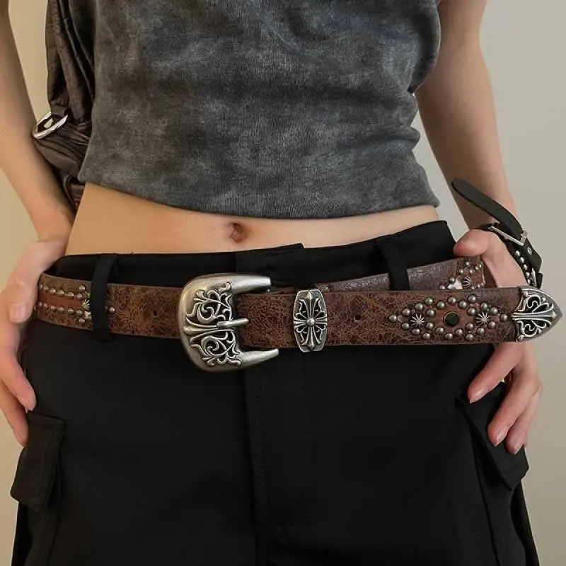 Women's Brown Arrow Shape Rivets Studded Leather Belt sold by FloralTrip