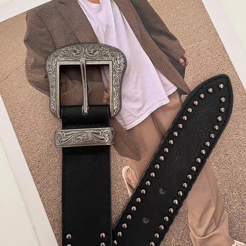 Women's Advanced Chic Black Rivets Leather Belt sold by FloralTrip product image thumbnail 3