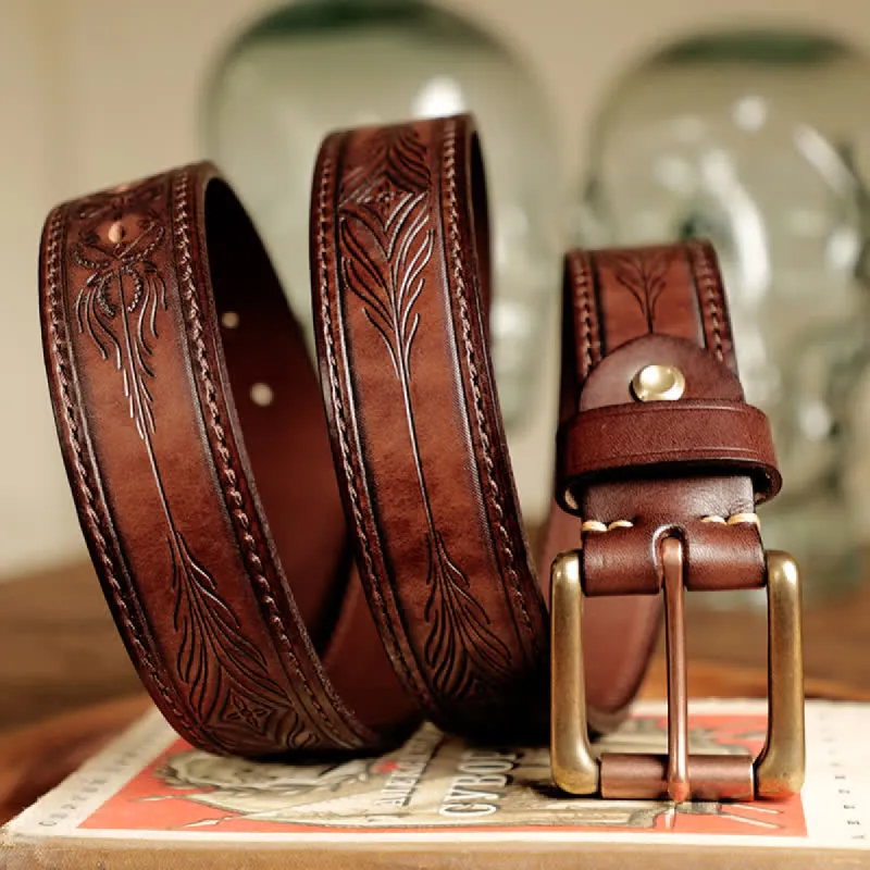 Men's Embossed Flower Leaves Engraved Leather Belt sold by FloralTrip