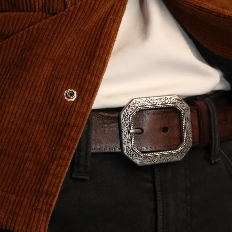 Men's Square Floral Engraved Buckle Distressed Leather Belt sold by FloralTrip product image thumbnail 2