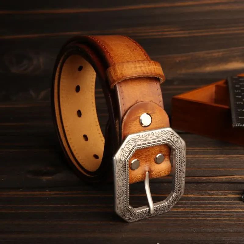 Men's Square Floral Engraved Buckle Distressed Leather Belt sold by FloralTrip product image thumbnail 3