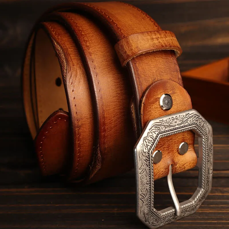Men's Square Floral Engraved Buckle Distressed Leather Belt sold by FloralTrip product image thumbnail 4