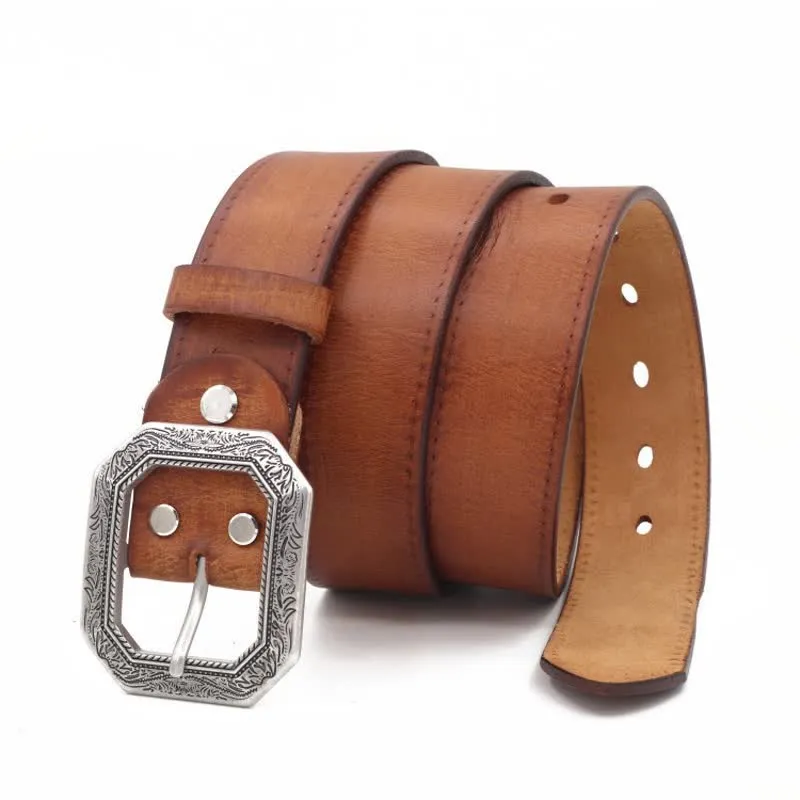 Men's Square Floral Engraved Buckle Distressed Leather Belt sold by FloralTrip