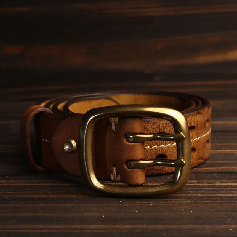 Men's Double Holes Brass Buckle Leather Belt sold by FloralTrip product image thumbnail 5