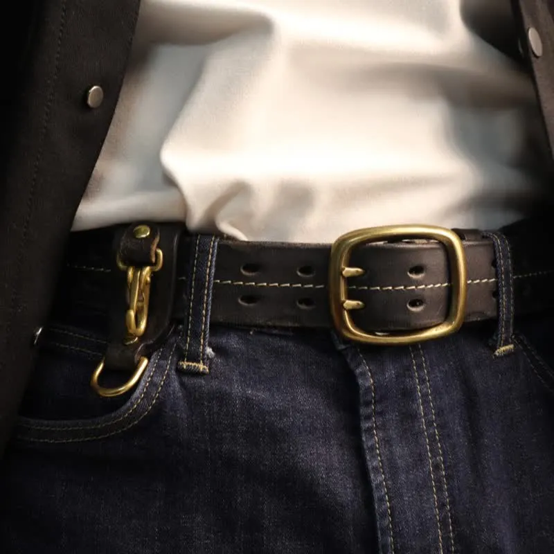 Men's Double Holes Brass Buckle Leather Belt sold by FloralTrip product image thumbnail 2