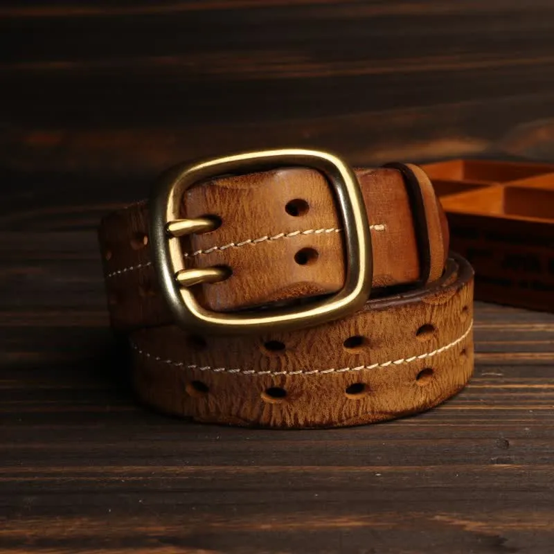 Men's Double Holes Brass Buckle Leather Belt sold by FloralTrip product image thumbnail 3