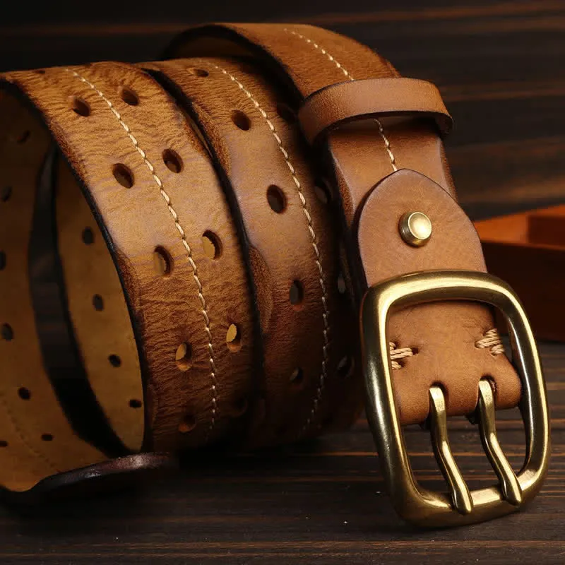 Men's Double Holes Brass Buckle Leather Belt sold by FloralTrip product image thumbnail 4