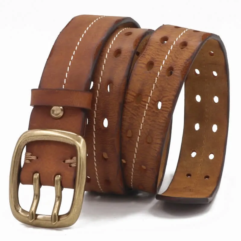 Men's Double Holes Brass Buckle Leather Belt sold by FloralTrip