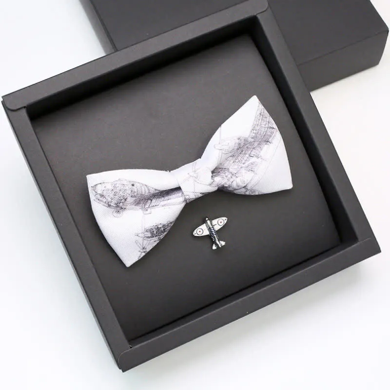 2Pcs Men's White Aviation Plane Brooch Bow Tie Set sold by FloralTrip