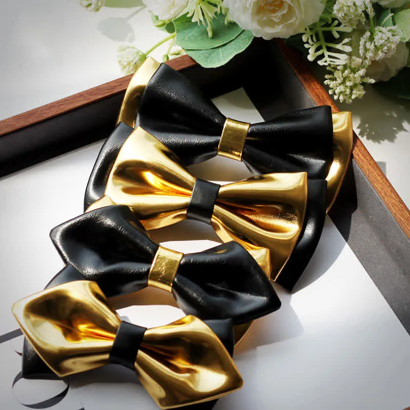 Men's Gold & Black Double Layers Leather Bow Tie sold by FloralTrip