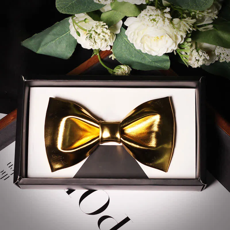 Men's Shining Modern Metallic Gold Leather Bow Tie sold by FloralTrip product image thumbnail 3