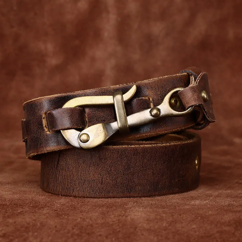 Men's Retro Distressed Hook Buckle Cavalry Leather Belt sold by FloralTrip