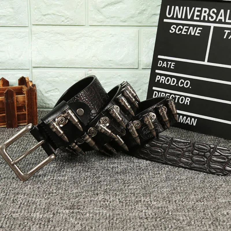 Men's Decorative Bullet Rivets Crocodile Pattern Leather Belt sold by FloralTrip