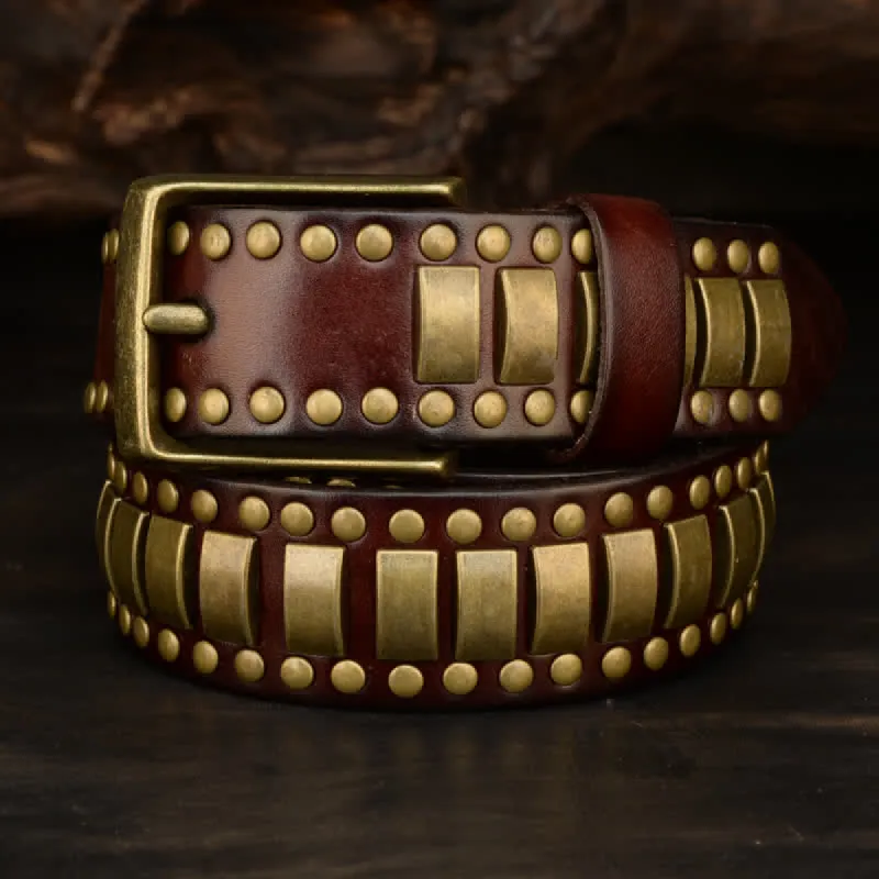 Men's Antique Gold Round Square Rivets Leather Belt sold by FloralTrip