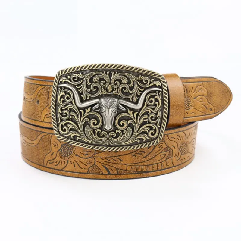 Men's Bronze Bull Pattern Floral Engraved Leather Belt sold by FloralTrip