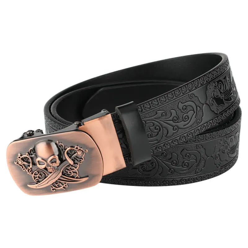 Men's Ghost Head Automatic Buckle Embossing Leather Belt sold by FloralTrip