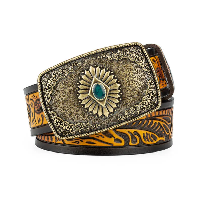 Men's Floral Engraving Pattern Automatic Buckle Leather Belt sold by FloralTrip