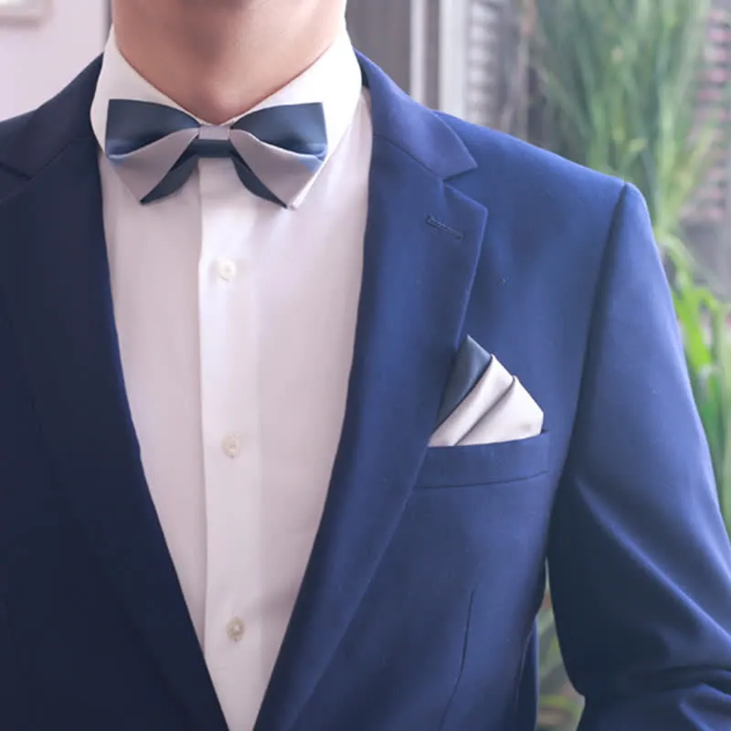 Men's Contrast Color Navy & Silver Gray Bow Tie sold by FloralTrip product image thumbnail 4