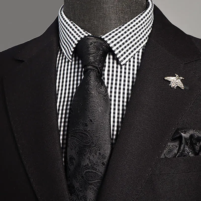 Men's Noble Black Paisley Striped Jacquard Necktie sold by FloralTrip