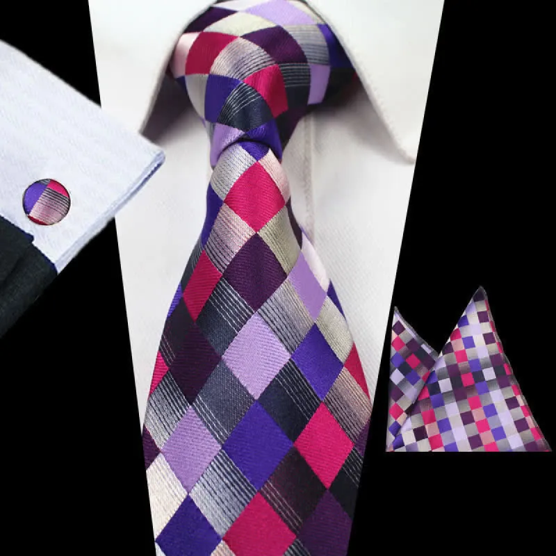 3Pcs Men's Purple Gray Checkerboard Necktie Set sold by FloralTrip
