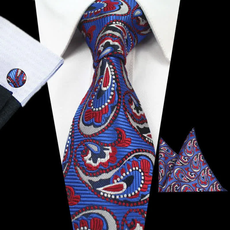 3Pcs Men's Royal Blue & Red Paisley Necktie Set sold by FloralTrip