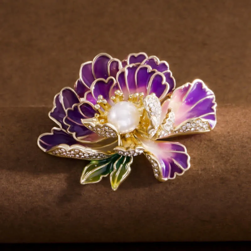 Women's Enamel Peony Flowers Pearl Inlaid Brooch sold by FloralTrip