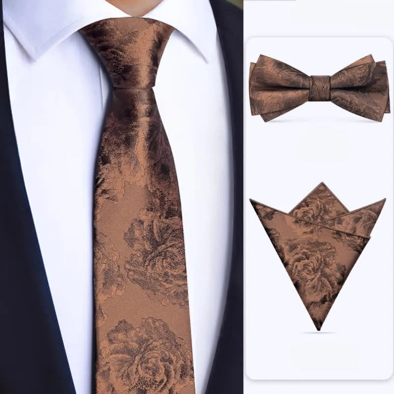 3Pcs Men's Vintage Bronze Flower BowTie Necktie Set sold by FloralTrip
