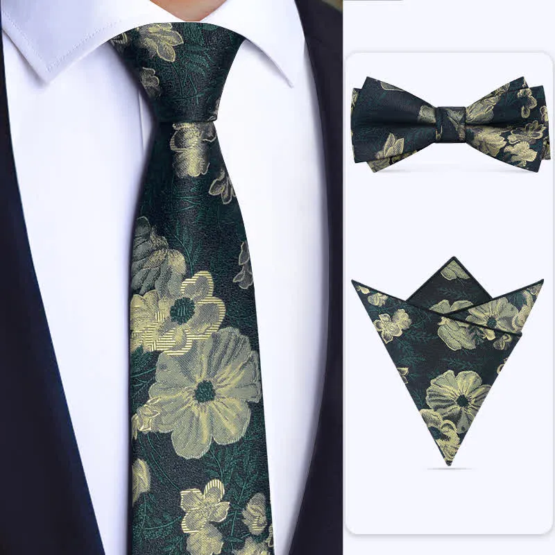 3Pcs Men's Dark Green Flower BowTie Necktie Set sold by FloralTrip