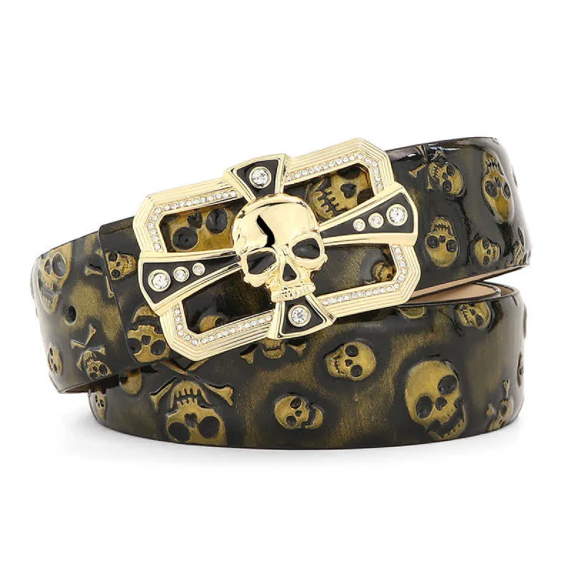 Men's Punk Rhinestone Skull Cross Pattern Leather Belt sold by FloralTrip
