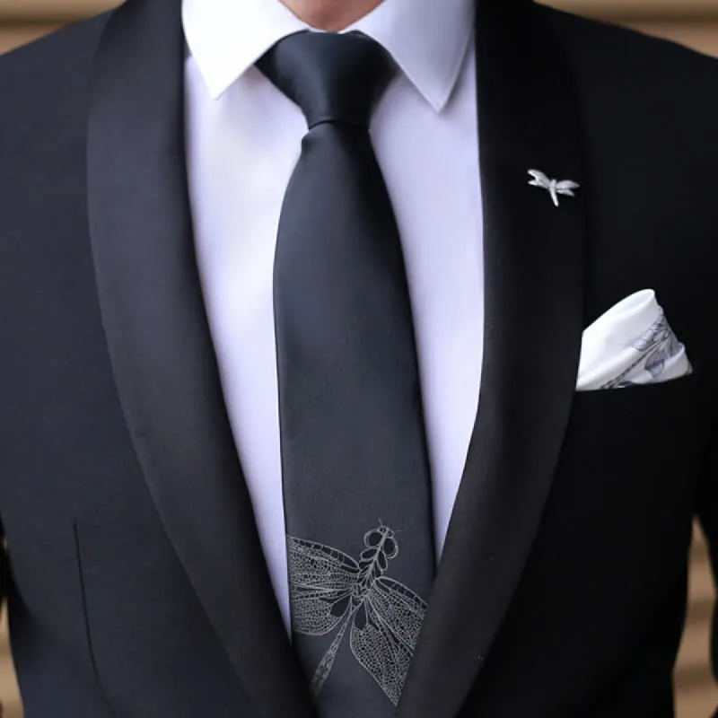 Men's Gentleman Dragonfly Pattern Black Necktie sold by FloralTrip
