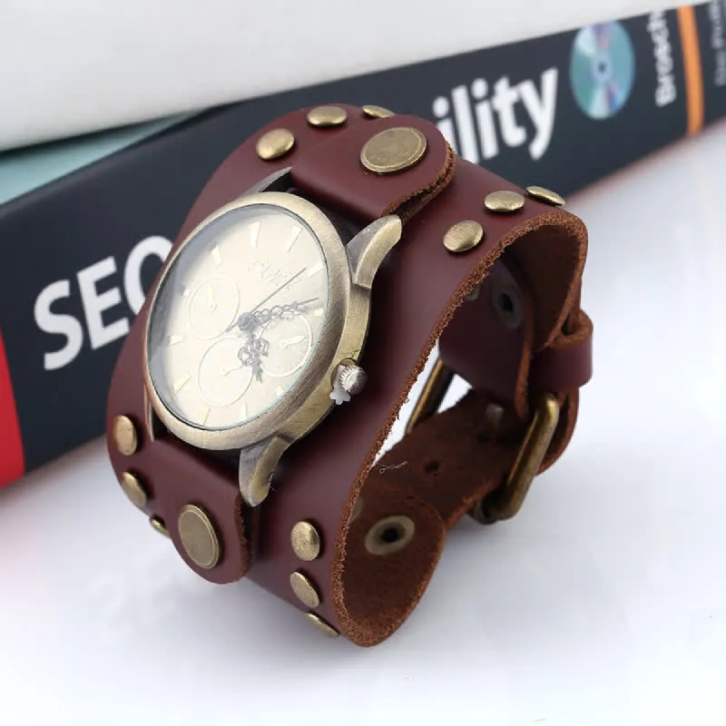 Men's Punk Rock Rivet Wide Cuff Leather Watch sold by FloralTrip