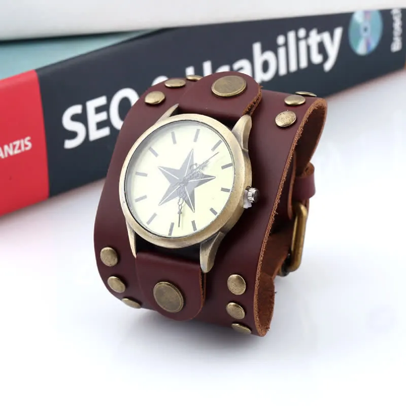 Men's Five-Pionted Star Rivet Cuff Leather Watch sold by FloralTrip