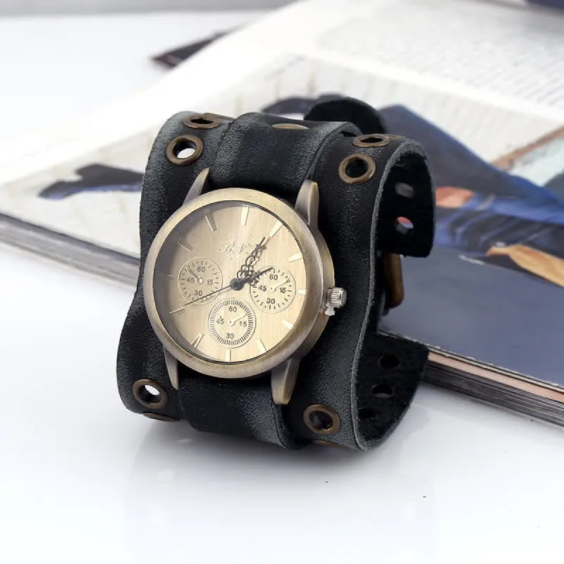Men's Vintage Black Wide Cuff Leather Watch sold by FloralTrip