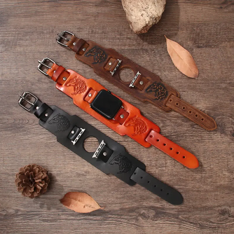 Punk Relief Wolf Bracelet Leather Watch Band sold by FloralTrip