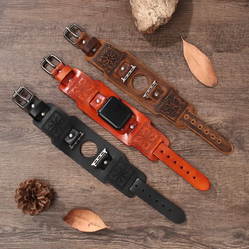 Relief Viking Compass Totem Leather Watch Band sold by FloralTrip