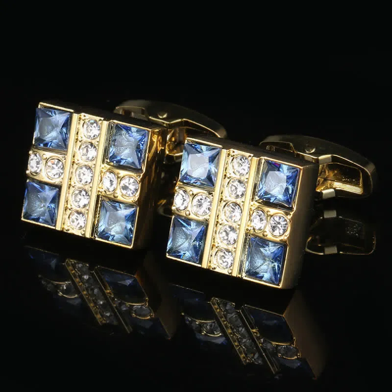 Men's Blue Crystal Rhinestone Gold Cufflinks sold by FloralTrip