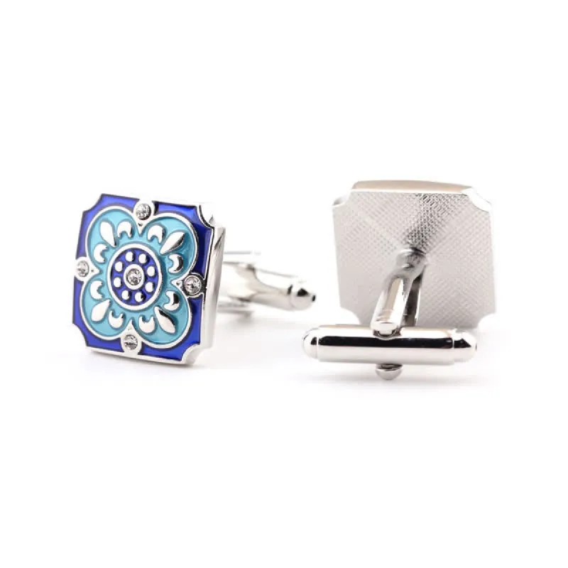 Men's Square Retro Blue Enamel Flower Cufflinks sold by FloralTrip