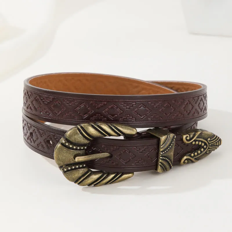 Women's Rhombus Embossed Coffee Leather Belt sold by FloralTrip