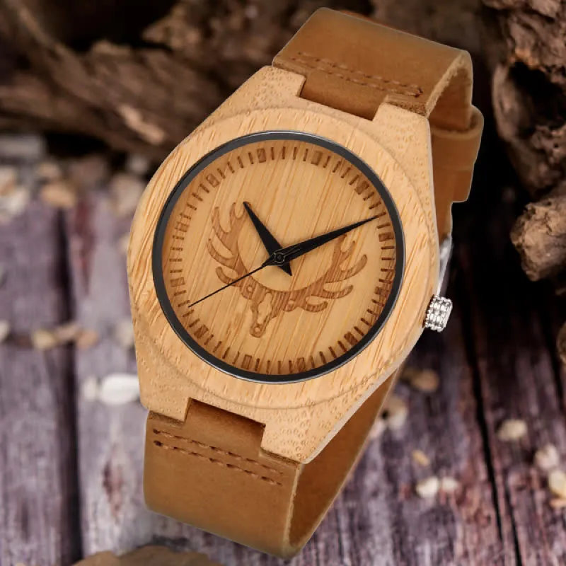 Men's Retro Carved Deer Dial Bamboo Wooden Watch sold by FloralTrip